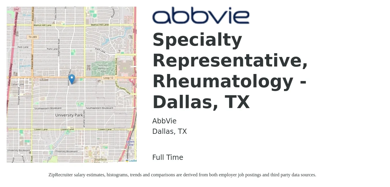 AbbVie job posting for a Specialty Representative, Rheumatology - Dallas, TX in Dallas, TX with a salary of $54,400 Yearly with a map of Dallas location.