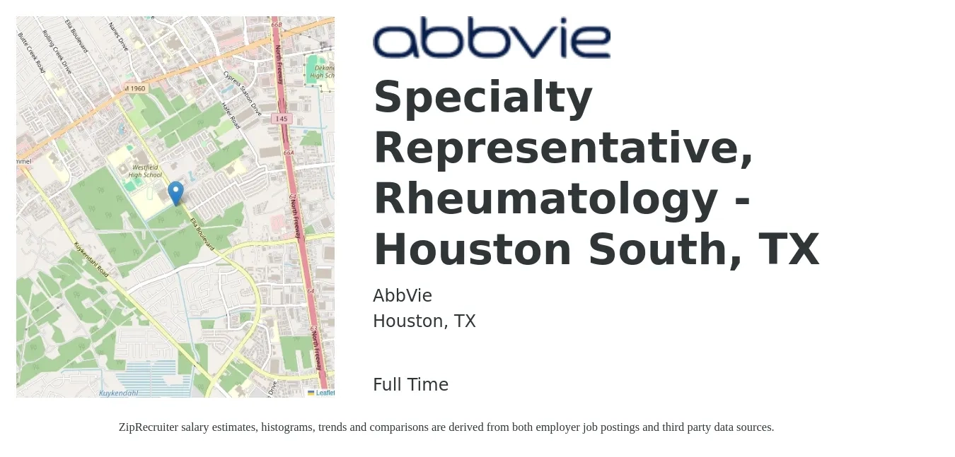 AbbVie job posting for a Specialty Representative, Rheumatology - Houston South, TX in Houston, TX with a salary of $16 to $20 Hourly with a map of Houston location.