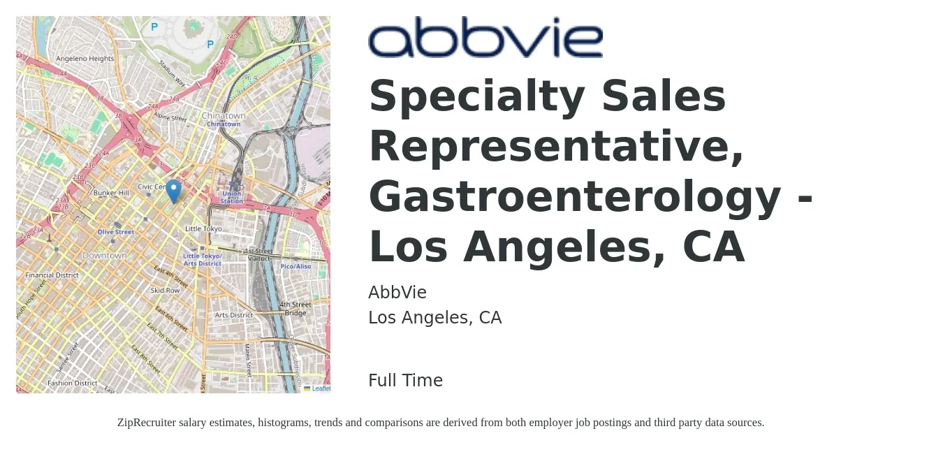 AbbVie job posting for a Specialty Sales Representative, Gastroenterology - Los Angeles, CA in Los Angeles, CA with a salary of $57,600 to $100,200 Yearly with a map of Los Angeles location.