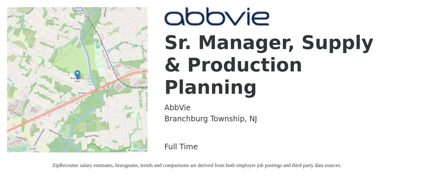 AbbVie job posting for a Sr. Manager, Supply & Production Planning in Branchburg Township, NJ with a salary of $84,400 to $114,800 Yearly with a map of Branchburg Township location.
