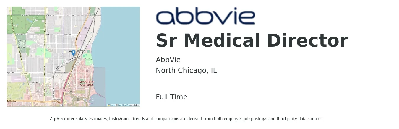 AbbVie job posting for a Sr Medical Director in North Chicago, IL with a salary of $97,600 to $154,800 Yearly with a map of North Chicago location.