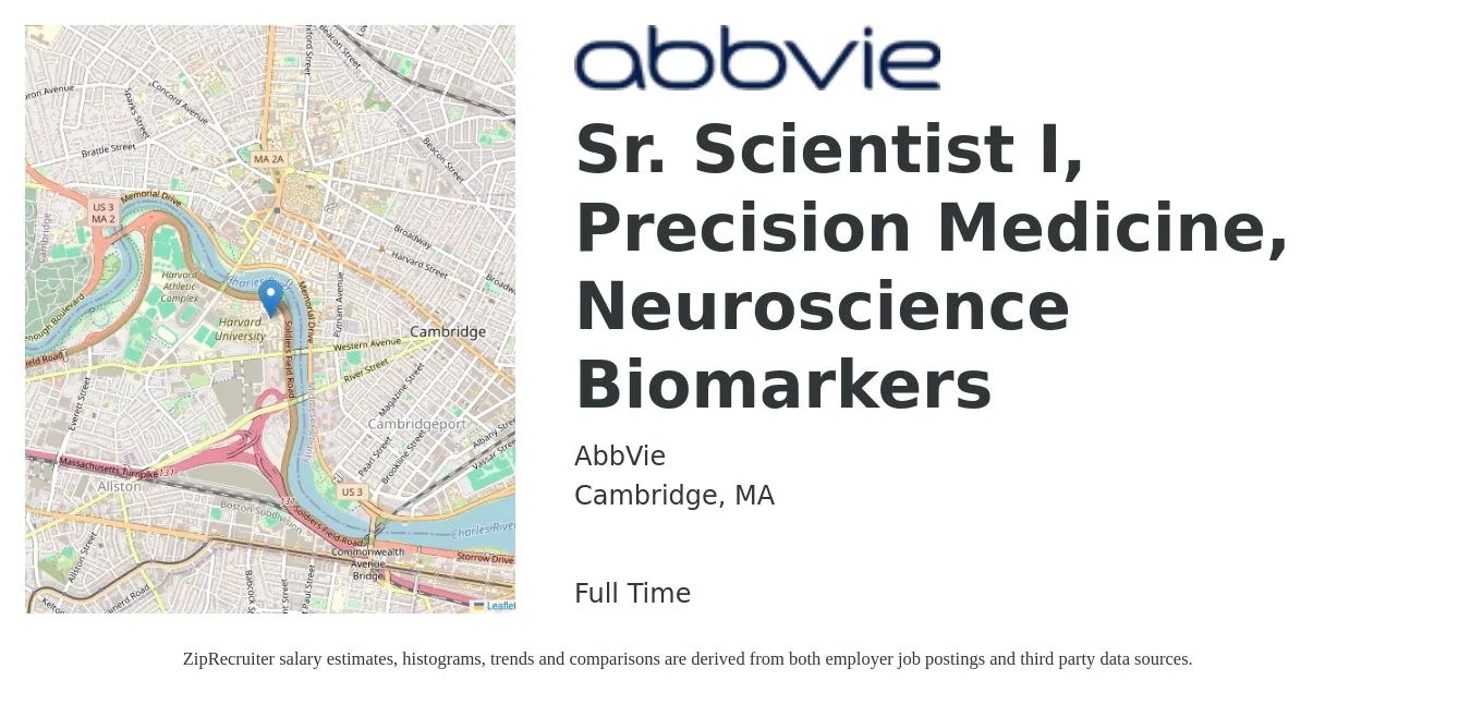 AbbVie job posting for a Sr. Scientist I, Precision Medicine, Neuroscience Biomarkers in Cambridge, MA with a salary of $129,500 to $182,000 Yearly with a map of Cambridge location.