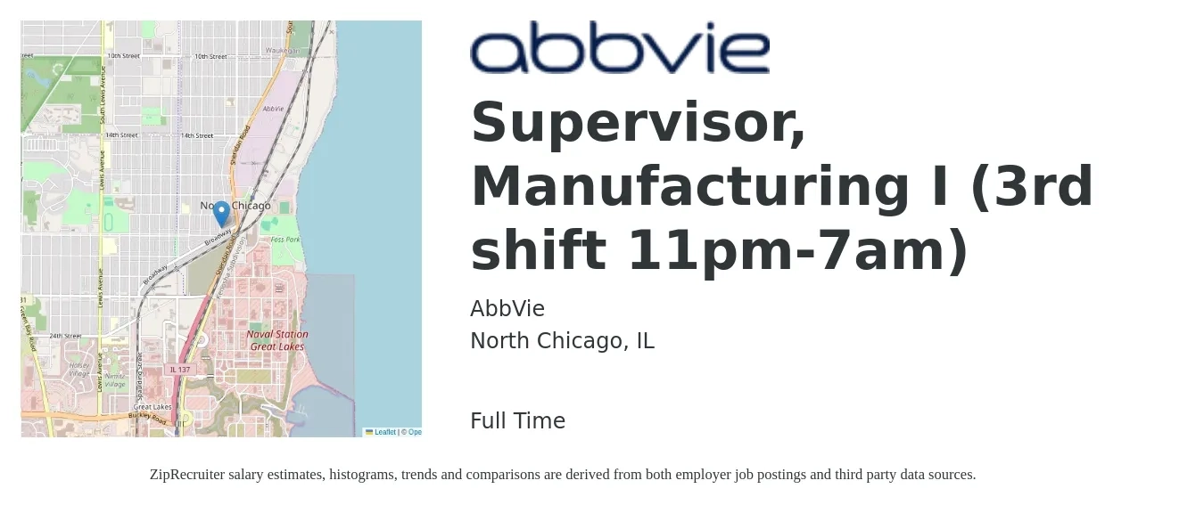 AbbVie job posting for a Supervisor, Manufacturing I (3rd shift 11pm-7am) in North Chicago, IL with a salary of $58,200 to $79,300 Yearly with a map of North Chicago location.