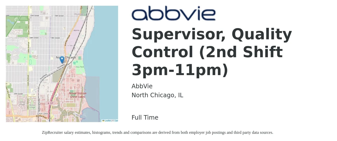 AbbVie job posting for a Supervisor, Quality Control (2nd Shift 3pm-11pm) in North Chicago, IL with a salary of $58,200 to $96,200 Yearly with a map of North Chicago location.