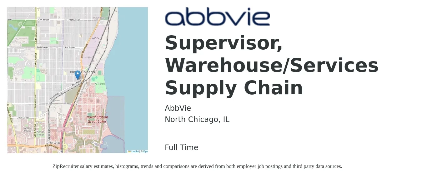 AbbVie job posting for a Supervisor, Warehouse/Services Supply Chain in North Chicago, IL with a salary of $76,900 to $115,400 Yearly with a map of North Chicago location.