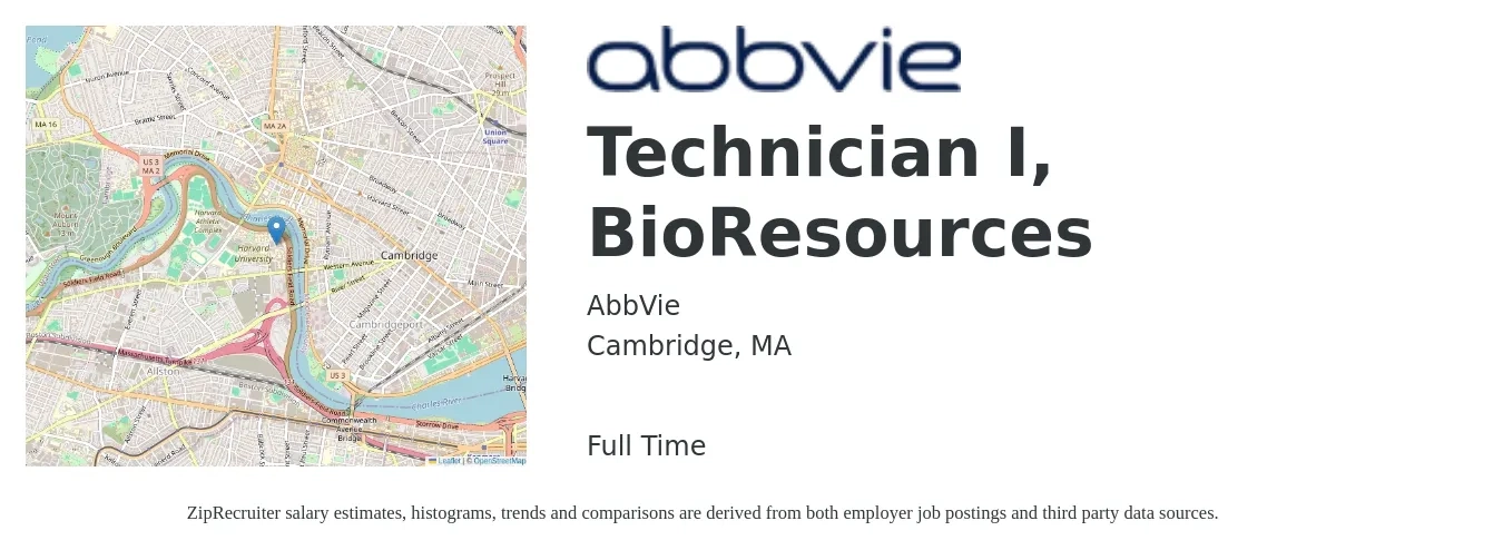 AbbVie job posting for a Technician I, BioResources in Cambridge, MA with a salary of $20 to $28 Hourly with a map of Cambridge location.