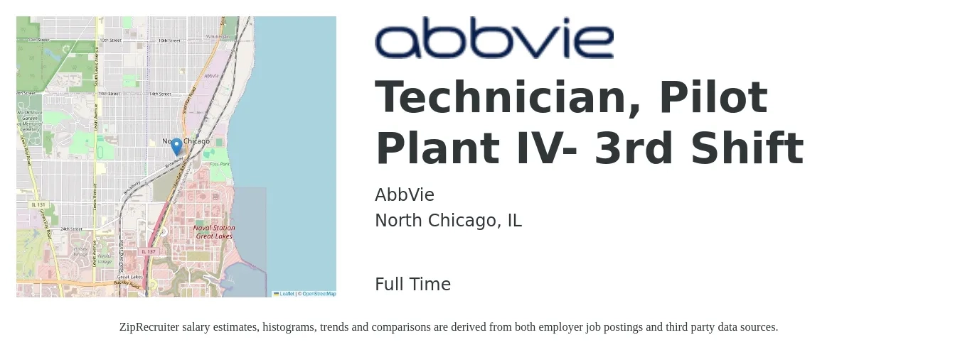 AbbVie job posting for a Technician, Pilot Plant IV- 3rd Shift in North Chicago, IL with a salary of $18 to $27 Hourly with a map of North Chicago location.