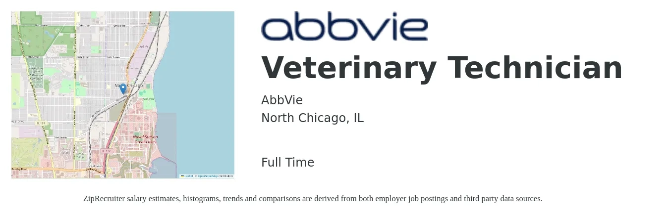 AbbVie job posting for a Veterinary Technician in North Chicago, IL with a salary of $18 to $25 Hourly with a map of North Chicago location.