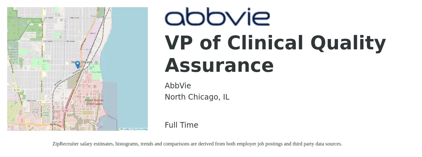 AbbVie job posting for a VP of Clinical Quality Assurance in North Chicago, IL with a salary of $35 to $47 Hourly with a map of North Chicago location.