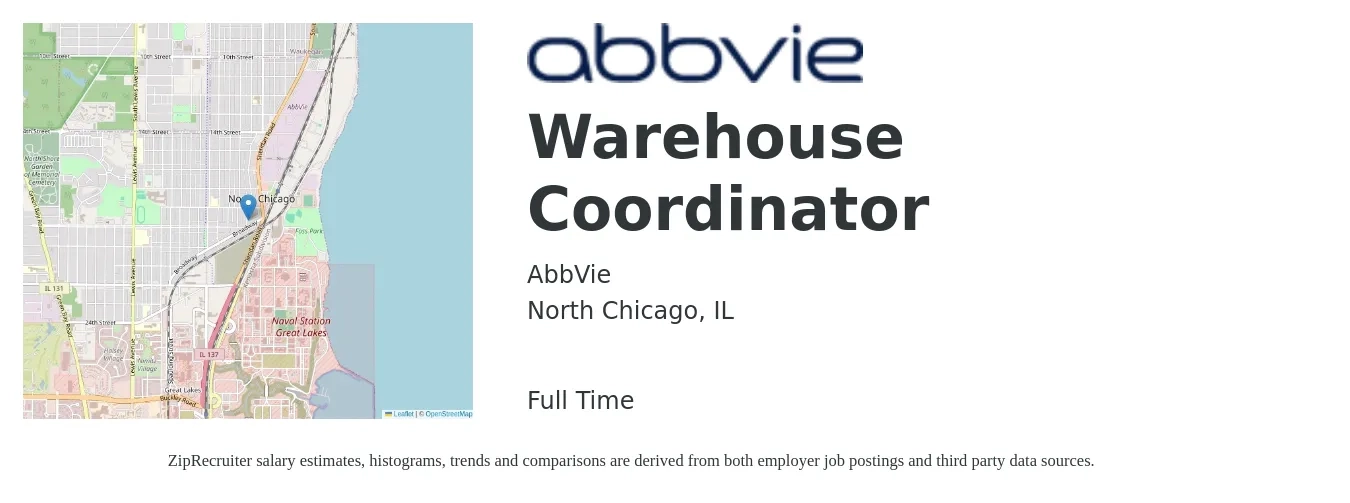 AbbVie job posting for a Warehouse Coordinator in North Chicago, IL with a salary of $17 to $22 Hourly with a map of North Chicago location.