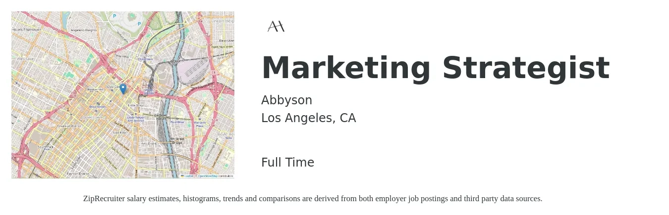 Abbyson job posting for a Marketing Strategist in Los Angeles, CA with a salary of $65,000 to $75,000 Yearly with a map of Los Angeles location.
