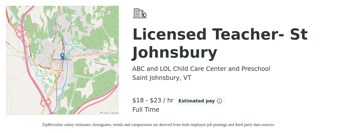 ABC and LOL Child Care Center and Preschool job posting for a Licensed Teacher- St Johnsbury in Saint Johnsbury, VT with a salary of $19 to $24 Hourly with a map of Saint Johnsbury location.