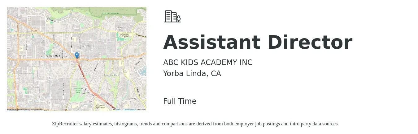 ABC KIDS ACADEMY INC job posting for a Assistant Director in Yorba Linda, CA with a salary of $47,500 to $95,600 Yearly with a map of Yorba Linda location.