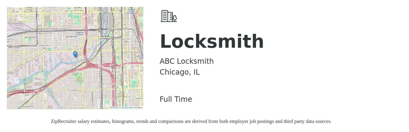 ABC Locksmith job posting for a Locksmith in Chicago, IL with a salary of $21 to $30 Hourly with a map of Chicago location.