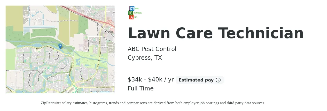 ABC Pest Control job posting for a Lawn Care Technician in Cypress, TX with a salary of $34,000 to $40,000 Yearly with a map of Cypress location.