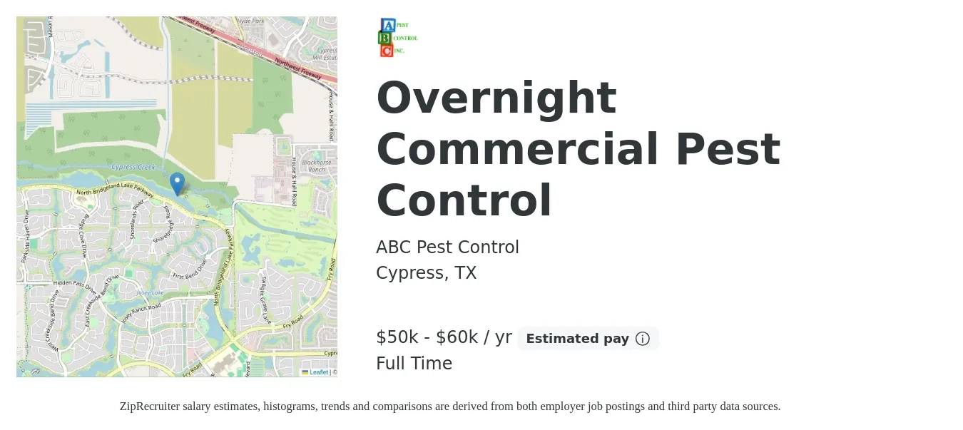 ABC Pest Control job posting for a Overnight Commercial Pest Control in Cypress, TX with a salary of $50,000 to $60,000 Yearly with a map of Cypress location.