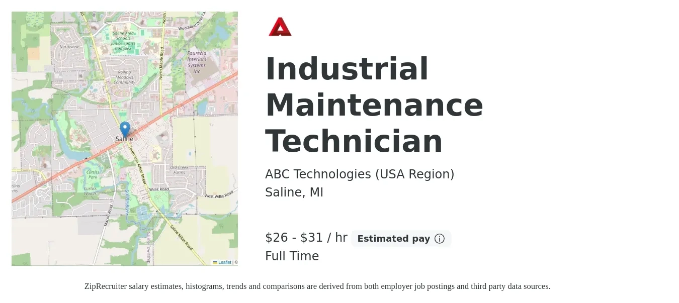 ABC Technologies (USA Region) job posting for a Industrial Maintenance Technician in Saline, MI with a salary of $28 to $33 Hourly with a map of Saline location.