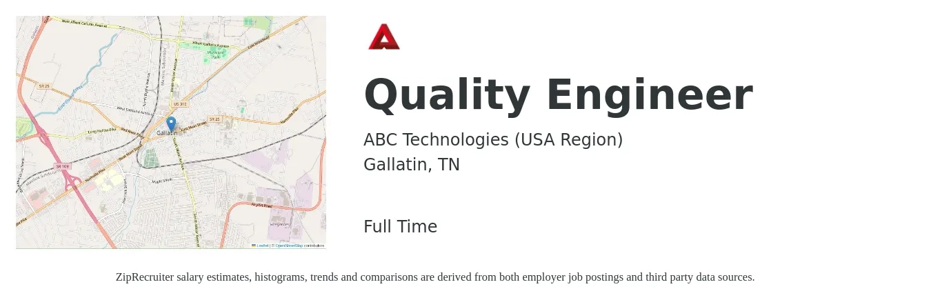 ABC Technologies (USA Region) job posting for a Quality Engineer in Gallatin, TN with a salary of $67,700 to $87,400 Yearly with a map of Gallatin location.