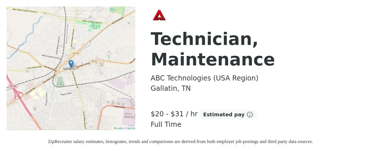 ABC Technologies (USA Region) job posting for a Technician, Maintenance in Gallatin, TN with a salary of $21 to $33 Hourly with a map of Gallatin location.