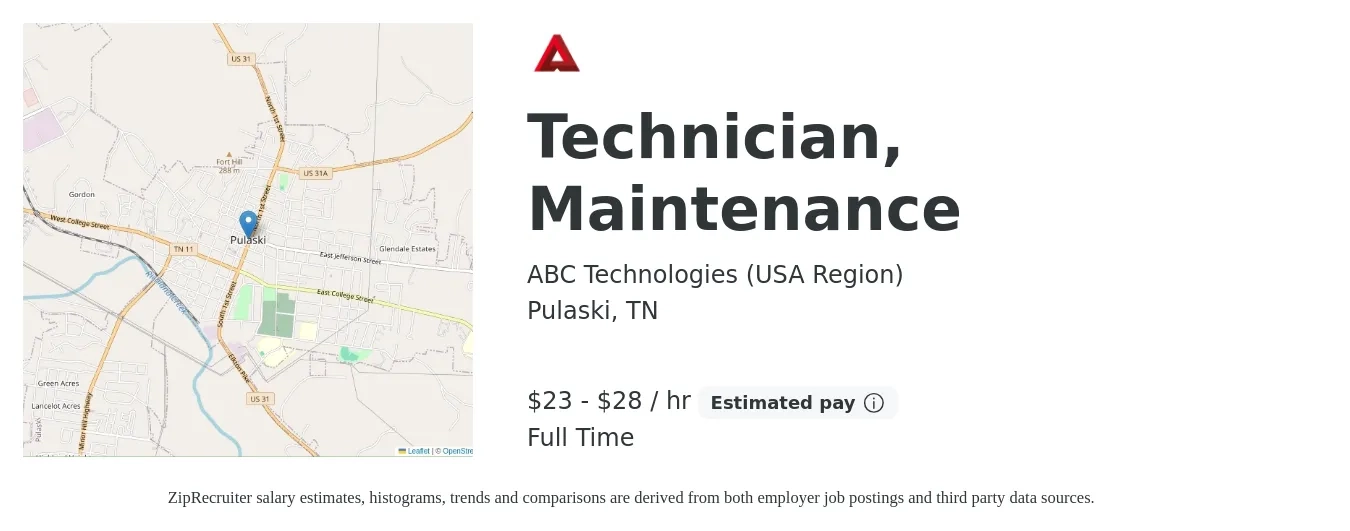 ABC Technologies (USA Region) job posting for a Technician, Maintenance in Pulaski, TN with a salary of $24 to $30 Hourly with a map of Pulaski location.