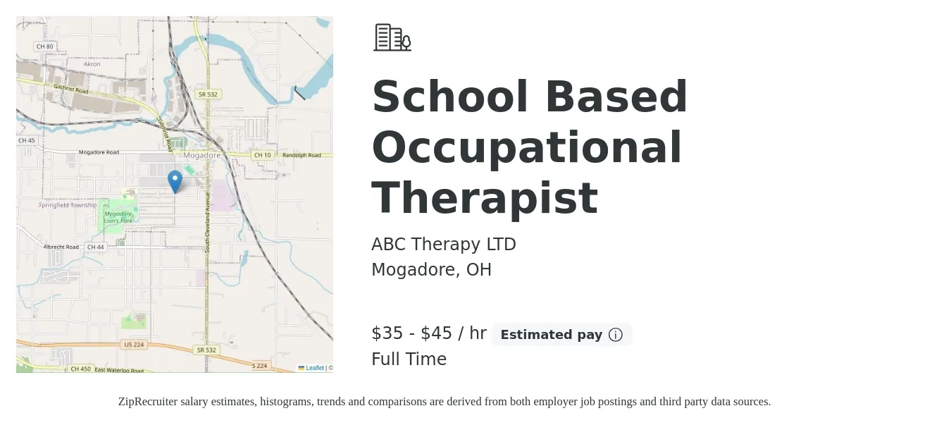 ABC Therapy LTD job posting for a School Based Occupational Therapist in Mogadore, OH with a salary of $37 to $47 Hourly with a map of Mogadore location.