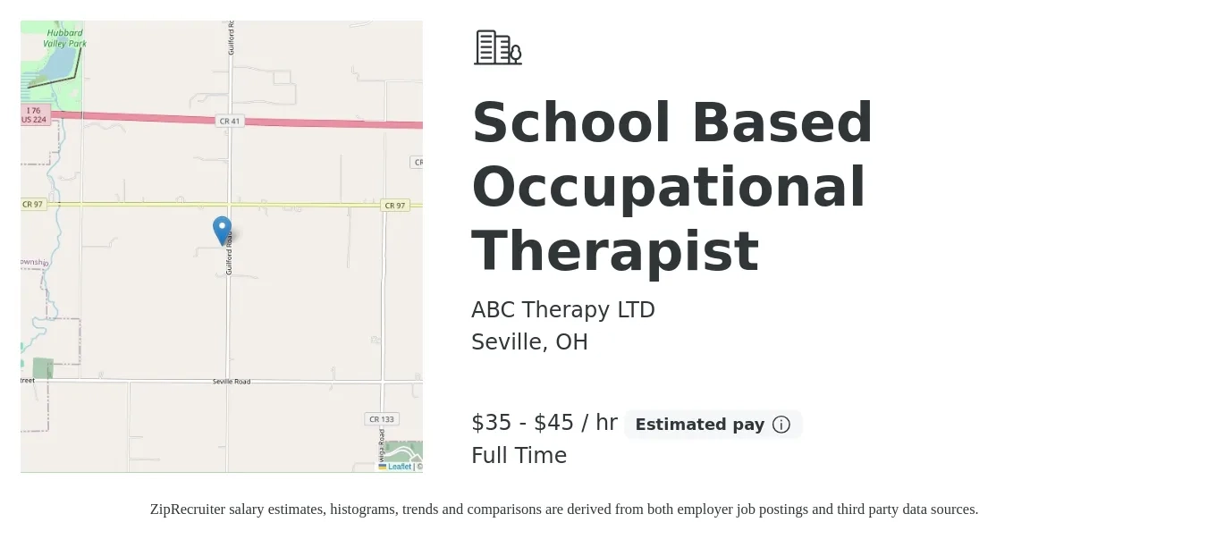 ABC Therapy LTD job posting for a School Based Occupational Therapist in Seville, OH with a salary of $37 to $47 Hourly with a map of Seville location.