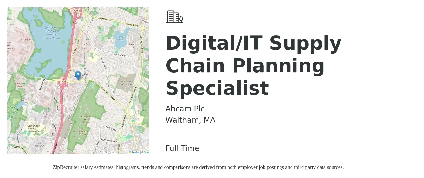 Abcam Plc job posting for a Digital/IT Supply Chain Planning Specialist in Waltham, MA with a salary of $28 to $44 Hourly with a map of Waltham location.