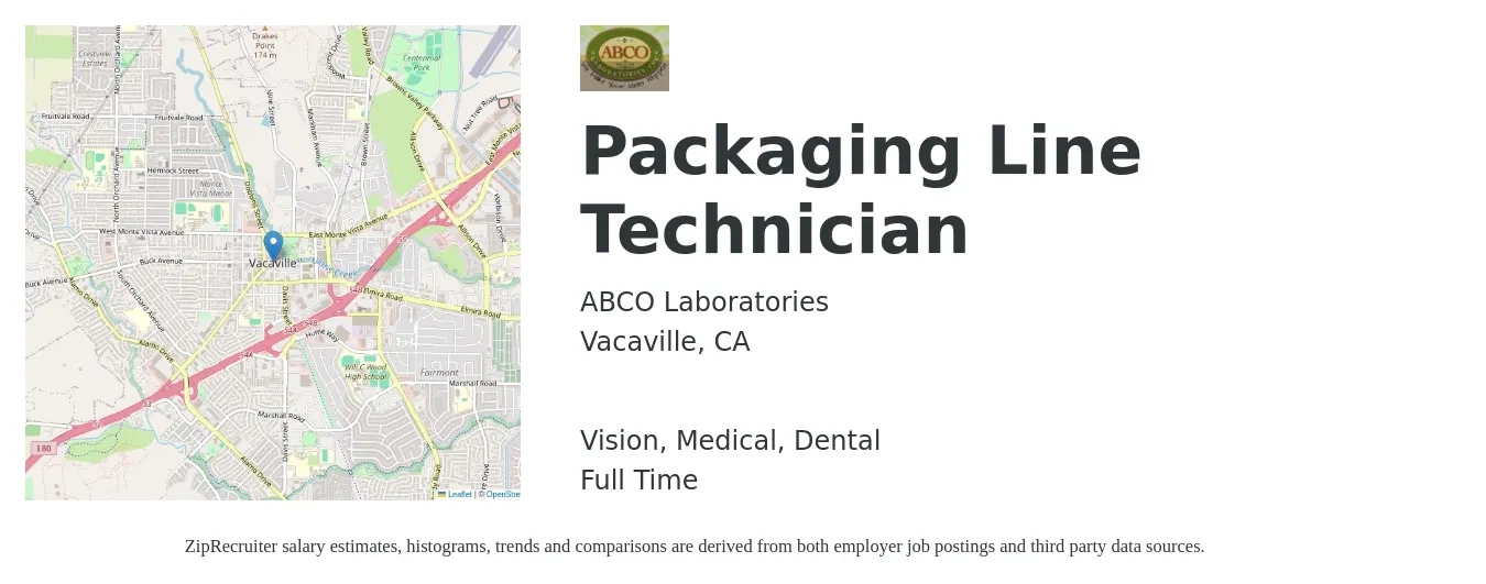 ABCO Laboratories job posting for a Packaging Line Technician in Vacaville, CA with a salary of $20 to $26 Hourly and benefits including dental, medical, retirement, and vision with a map of Vacaville location.
