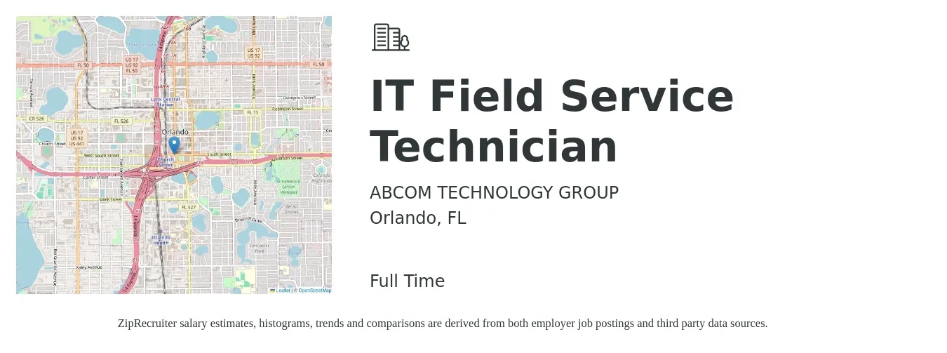 ABCOM TECHNOLOGY GROUP job posting for a IT Field Service Technician in Orlando, FL with a salary of $19 to $27 Hourly with a map of Orlando location.