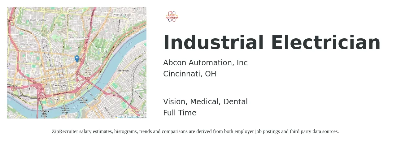 Abcon Automation, Inc job posting for a Industrial Electrician in Cincinnati, OH with a salary of $26 to $33 Hourly and benefits including retirement, vision, dental, and medical with a map of Cincinnati location.