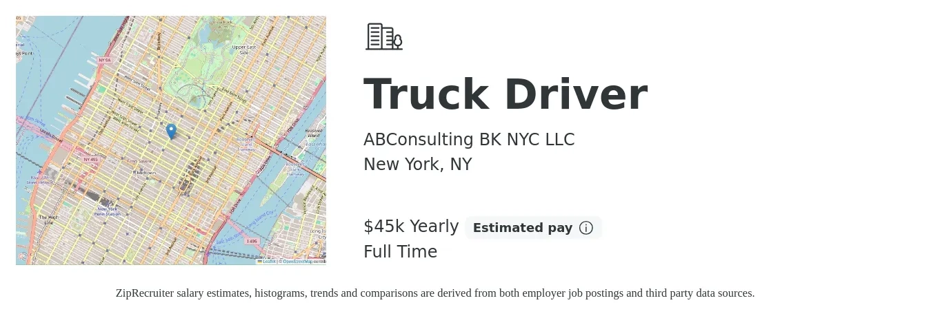 ABConsulting BK NYC LLC job posting for a Truck Driver in New York, NY with a salary of $45,000 Yearly with a map of New York location.