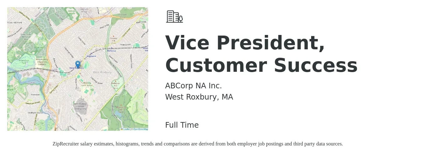 ABCorp NA Inc. job posting for a Vice President, Customer Success in West Roxbury, MA with a salary of $141,500 to $181,400 Yearly with a map of West Roxbury location.