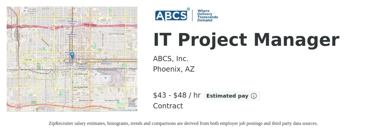 ABCS, Inc. job posting for a IT Project Manager in Phoenix, AZ with a salary of $45 to $50 Hourly with a map of Phoenix location.