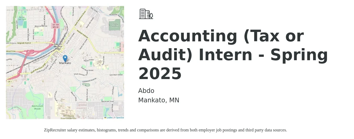 Abdo job posting for a Accounting (Tax or Audit) Intern - Spring 2025 in Mankato, MN with a salary of $18 to $25 Hourly with a map of Mankato location.