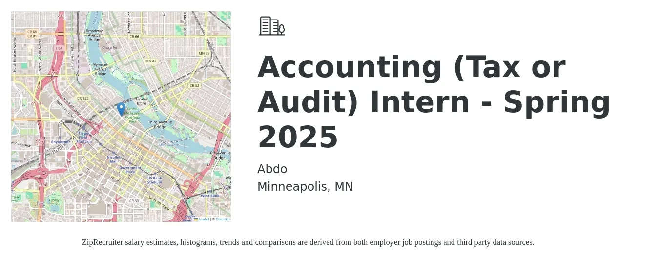 Abdo job posting for a Accounting (Tax or Audit) Intern - Spring 2025 in Minneapolis, MN with a salary of $18 to $26 Hourly with a map of Minneapolis location.