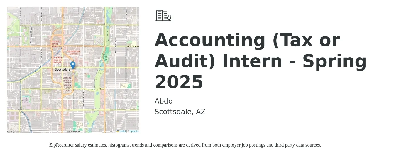 Abdo job posting for a Accounting (Tax or Audit) Intern - Spring 2025 in Scottsdale, AZ with a salary of $18 to $25 Hourly with a map of Scottsdale location.