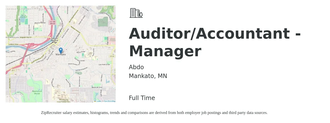 Abdo job posting for a Auditor/Accountant - Manager in Mankato, MN with a salary of $102,900 to $135,100 Yearly with a map of Mankato location.