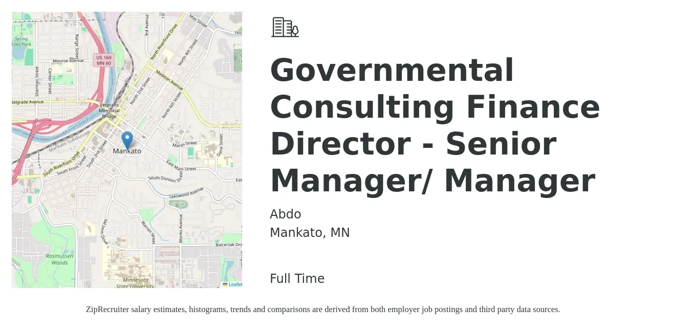Abdo job posting for a Governmental Consulting Finance Director - Senior Manager/ Manager in Mankato, MN with a salary of $107,900 to $147,000 Yearly with a map of Mankato location.