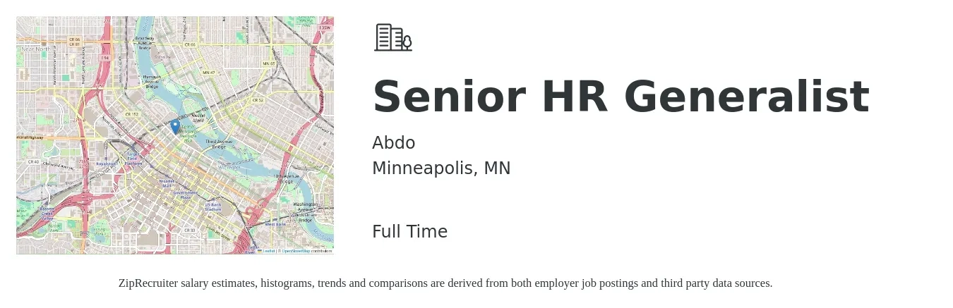 Abdo job posting for a Senior HR Generalist in Minneapolis, MN with a salary of $70,600 to $91,100 Yearly with a map of Minneapolis location.