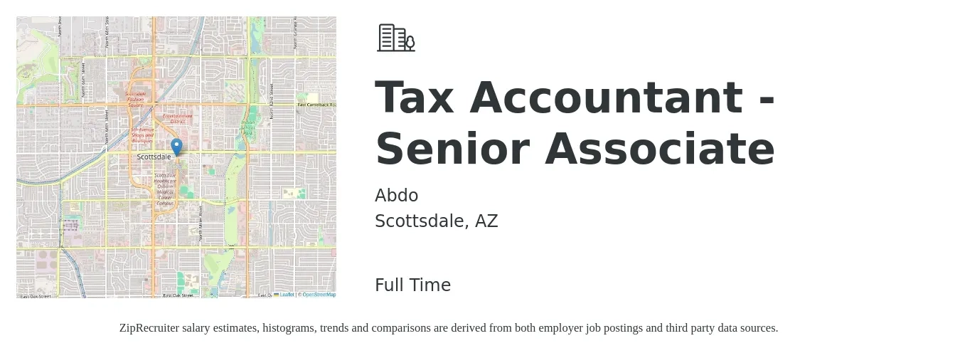 Abdo job posting for a Tax Accountant - Senior Associate in Scottsdale, AZ with a salary of $82,400 to $102,100 Yearly with a map of Scottsdale location.