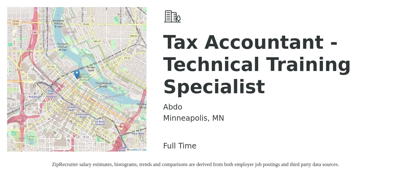 Abdo job posting for a Tax Accountant - Technical Training Specialist in Minneapolis, MN with a salary of $58,300 to $100,800 Yearly with a map of Minneapolis location.