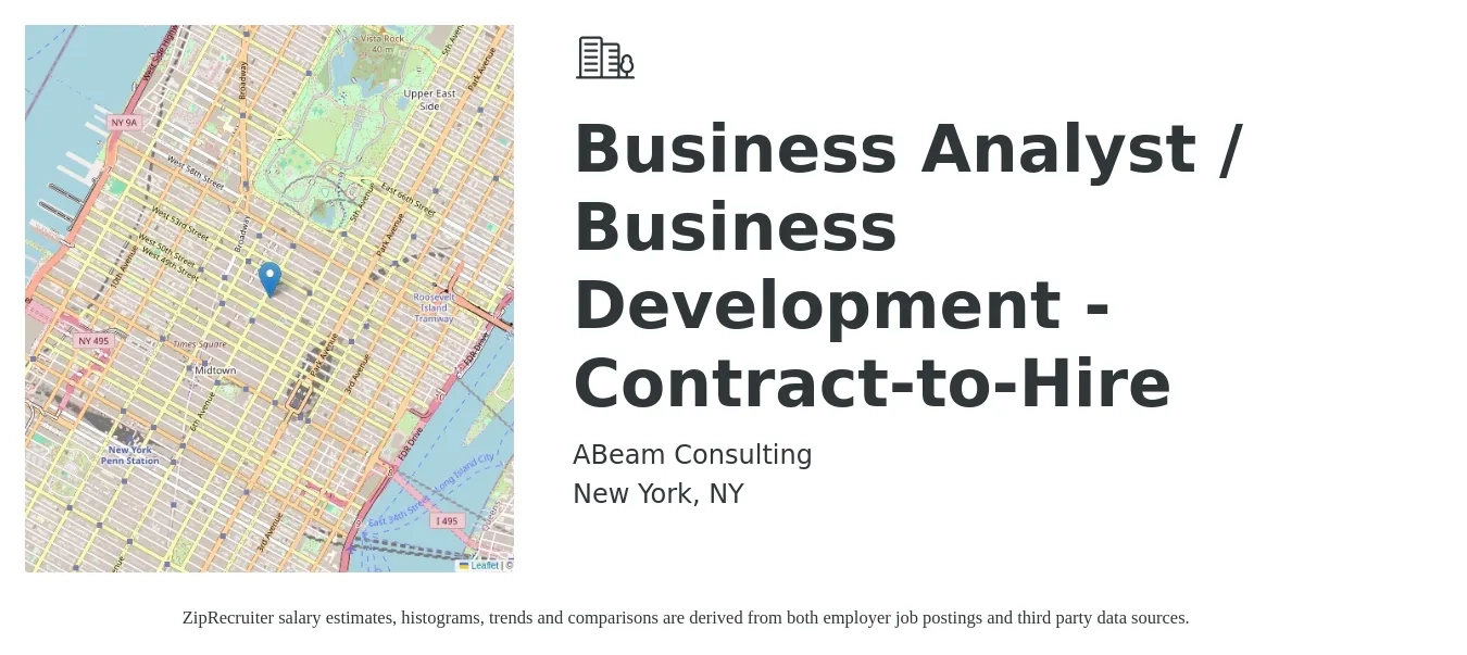 ABeam Consulting job posting for a Business Analyst / Business Development - Contract-to-Hire in New York, NY with a salary of $71,400 to $109,300 Yearly with a map of New York location.