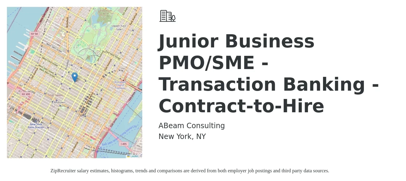 ABeam Consulting job posting for a Junior Business PMO/SME - Transaction Banking - Contract-to-Hire in New York, NY with a salary of $29 to $39 Hourly with a map of New York location.
