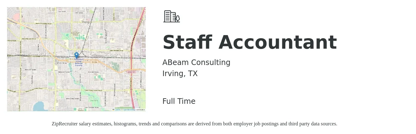 ABeam Consulting job posting for a Staff Accountant in Irving, TX with a salary of $51,100 to $67,300 Yearly with a map of Irving location.