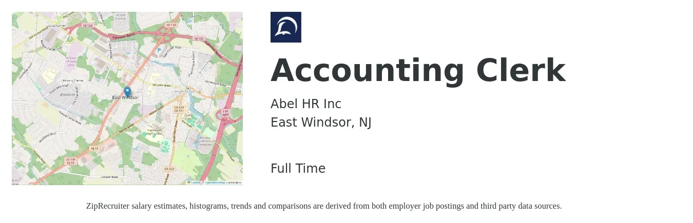 Abel HR Inc job posting for a Accounting Clerk in East Windsor, NJ with a salary of $18 to $24 Hourly with a map of East Windsor location.