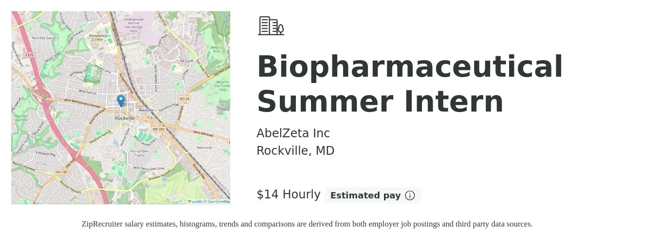 AbelZeta Inc job posting for a Biopharmaceutical Summer Intern in Rockville, MD with a salary of $15 Hourly with a map of Rockville location.