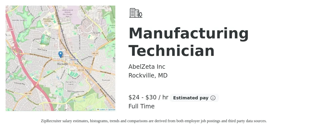 AbelZeta Inc job posting for a Manufacturing Technician in Rockville, MD with a salary of $25 to $31 Hourly with a map of Rockville location.