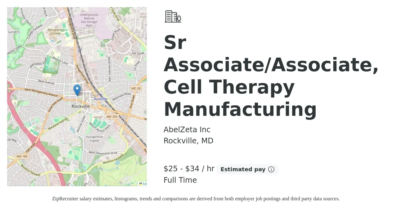 AbelZeta Inc job posting for a Sr Associate/Associate, Cell Therapy Manufacturing in Rockville, MD with a salary of $26 to $36 Hourly with a map of Rockville location.