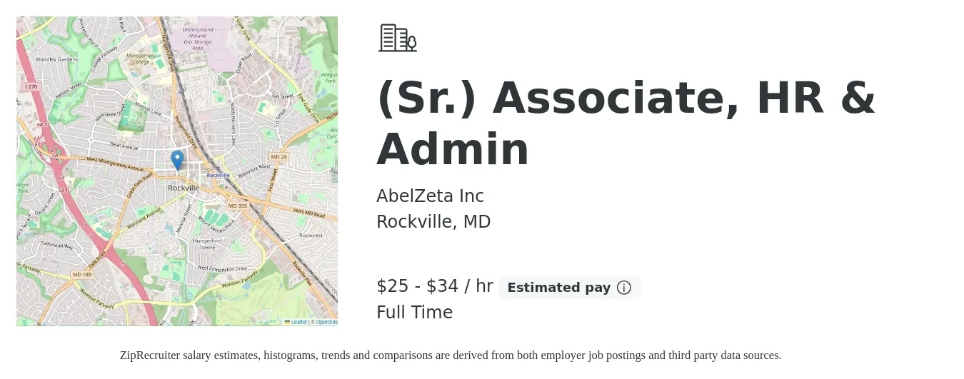 AbelZeta Inc job posting for a (Sr.) Associate, HR & Admin in Rockville, MD with a salary of $26 to $36 Hourly with a map of Rockville location.