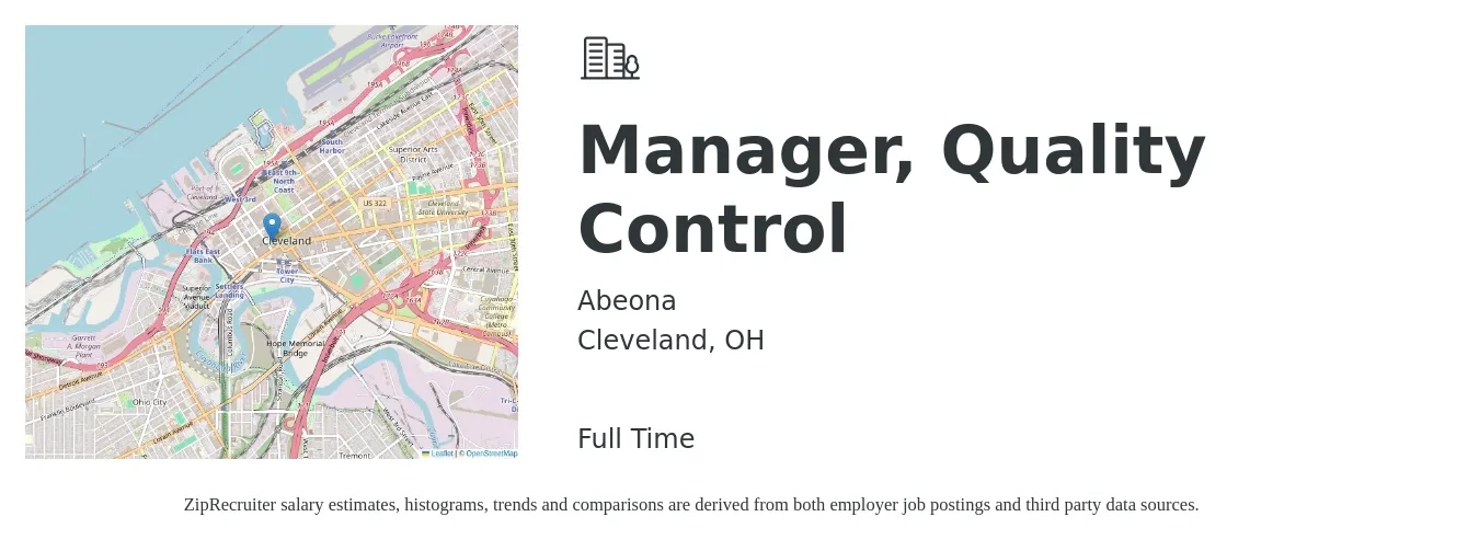 Abeona job posting for a Manager, Quality Control in Cleveland, OH with a salary of $58,700 to $97,000 Yearly with a map of Cleveland location.